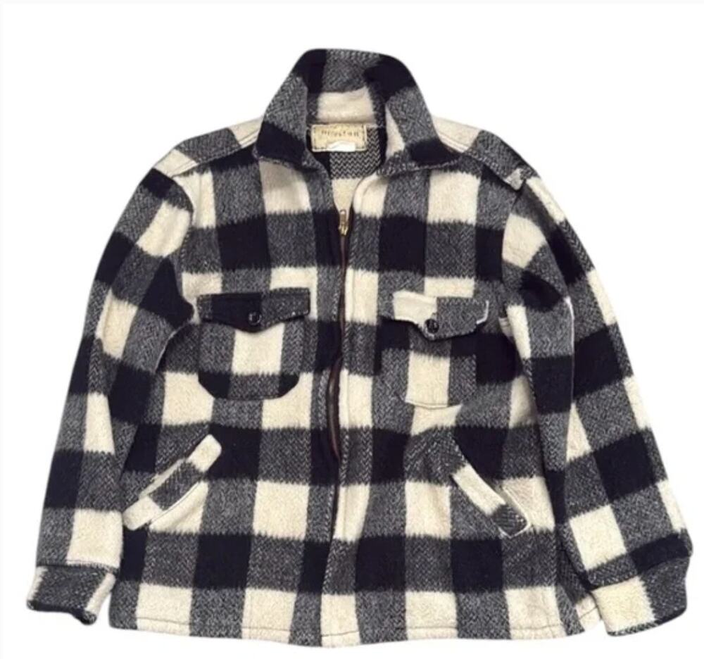 Vintage 90s Melton Outer Wear Wool Zip Jacket Plaid Checkered Sz L